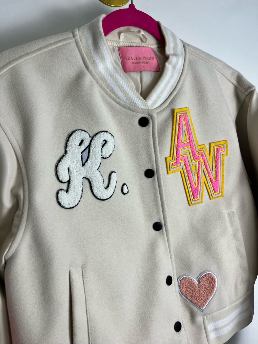 Cream Varsity Jacket with Pink & Yellow Patchwork - Picture 3 of 13